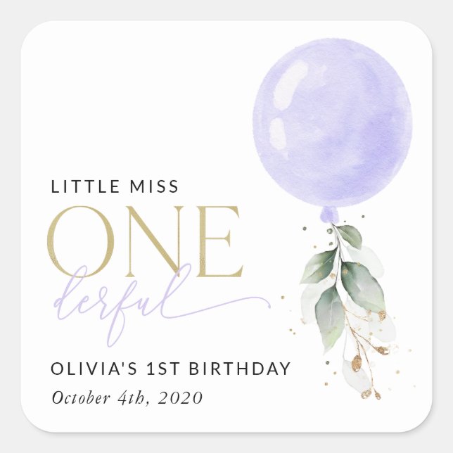 Purple Balloon, Greenery, Foliage, First Birthday Square Sticker (Front)