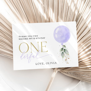 Purple Balloon, Greenery, Foliage, First Birthday Thank You Card