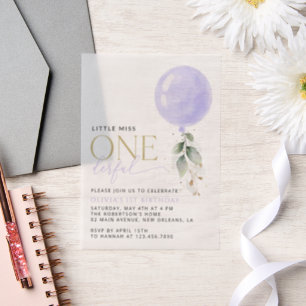 Purple Balloon, Greenery, Foliage, First Birthday Vellum Invitations