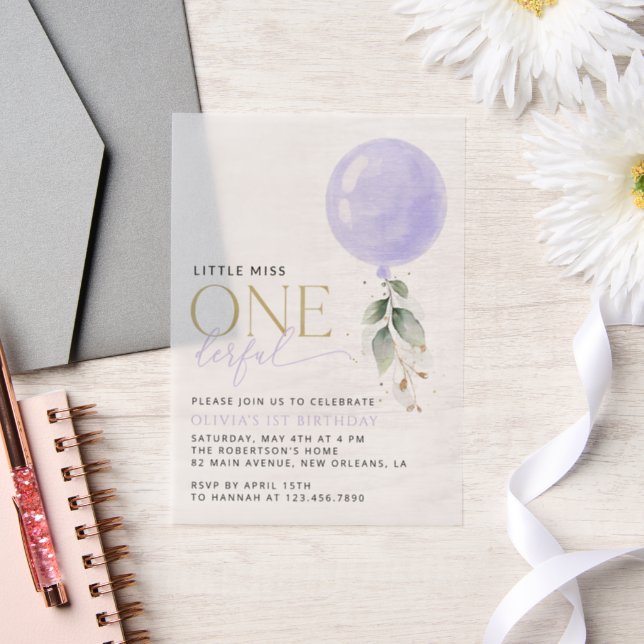 Purple Balloon, Greenery, Foliage, First Birthday Vellum Invitations (Wedding)