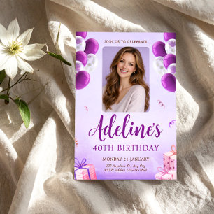 Purple Balloon Photo 40th Birthday for Women Invitation