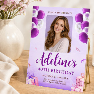 Purple Balloon Photo 40th Birthday for Women Invitation