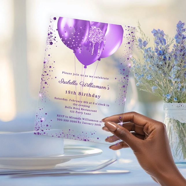 Purple balloons luxury birthday clear acrylic invitations (Creator Uploaded)