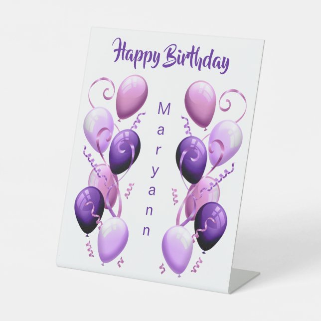 Purple Balloons Personalized Happy Birthday Pedestal Sign (Front)