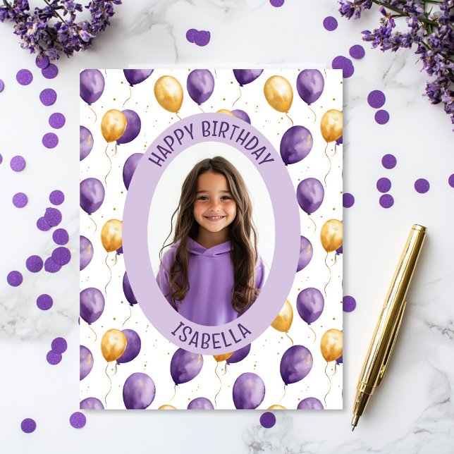 Purple Balloons Photo Card (Purple faux gold balloons birthday photo card)