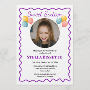 Purple Balloons Photo Sweet Sixteen Birthday  Invitation