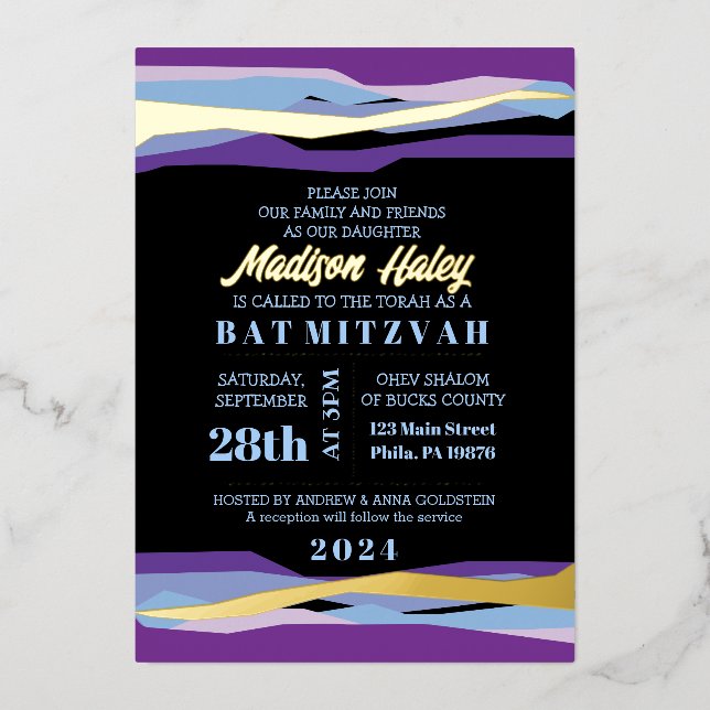 Purple Bar Bat Mitzvah Invitation with Gold Foil (Front)