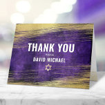 Purple Bar Mitzvah Modern Gold Foil Watercolor Thank You Card<br><div class="desc">Make sure your favourite Bar Mitzvah shows his appreciation to all who supported his milestone event! Send out this cool, unique, modern, personalized thank you card. Metallic gold foil brush strokes and Star of David, along with bold, white typography, overlay a rich, dark purple ombre watercolor background. Your custom message,...</div>