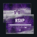 Purple Bar Mitzvah Modern Silver Foil Watercolor RSVP Card<br><div class="desc">Be proud, rejoice and celebrate this milestone of your favourite Bar Mitzvah with this cool, unique, modern, personalized RSVP insert card for your event! Metallic silver foil brush strokes and Star of David, along with bold, white typography, overlay a rich, dark purple ombre watercolor background. Personalize the custom text with...</div>