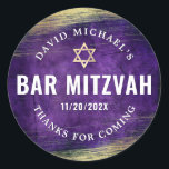 Purple Bar Mitzvah Watercolor Gold Foil Modern Classic Round Sticker<br><div class="desc">Be proud, rejoice and showcase this milestone of your favourite Bar Mitzvah! Use this cool, unique, modern, personalized sticker to add to his special day. Metallic silver foil brush strokes and Star of David, along with bold, white typography, overlay a rich, dark purple ombre watercolor background. Personalize the custom text...</div>