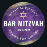 Purple Bar Mitzvah Watercolor Gold Foil Modern Classic Round Sticker<br><div class="desc">Be proud, rejoice and showcase this milestone of your favourite Bar Mitzvah! Use this cool, unique, modern, personalized sticker to add to his special day. Metallic silver foil brush strokes and Star of David, along with bold, white typography, overlay a rich, dark purple ombre watercolor background. Personalize the custom text...</div>