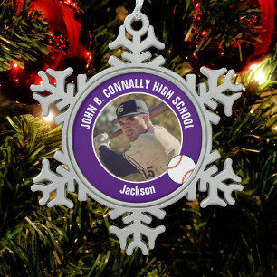 Purple Baseball Player Photo High School Snowflake Pewter Christmas Ornament