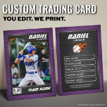 Purple Baseball Trading Card Baseball Player<br><div class="desc">Baseball Trading Card <<>> This is the perfect gift to celebrate the achievements of a baseball player, a personalized collection card for a passionate baseball fan, or gift these cards to each team player and coach to be forever cherished as a memory. This unique sports trading card design is loved...</div>