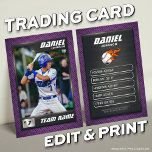 Purple Baseball Trading Card Baseball Player<br><div class="desc">Baseball Trading Card <<>> This is the perfect gift to celebrate the achievements of a baseball player, a personalized collection card for a passionate baseball fan, or gift these cards to each team player and coach to be forever cherished as a memory. This unique sports trading card design is loved...</div>