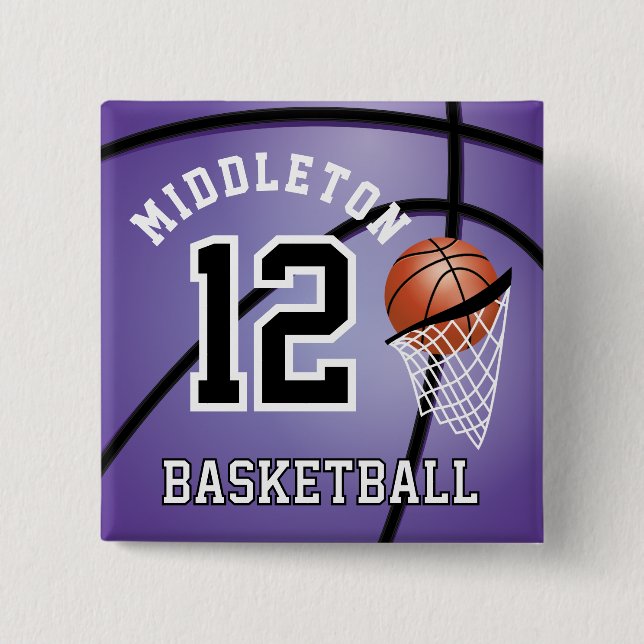 Purple Basketball 🏀 and Hoop | DIY Text 2 Inch Square Button (Front)