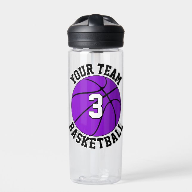 Purple Basketball Player Custom Team Name & Number Water Bottle (Front)