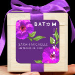 Purple Bat Mitzvah Bold Modern Floral Watercolor Square Sticker<br><div class="desc">Be proud, rejoice and celebrate this milestone of your favourite Bat Mitzvah! Use this sophisticated, chic, stunning, purple pink floral watercolor with simple, modern san serif type against a dark plum purple background sticker to add to her special day. Personalize the custom text with her name and date of event....</div>