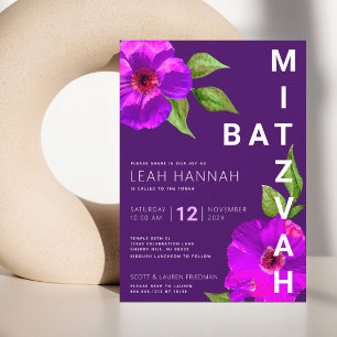 Purple Bat Mitzvah Pink Floral Watercolor Bold Invitation