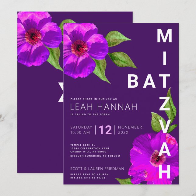 Purple Bat Mitzvah Pink Floral Watercolor Modern Invitation (Front/Back)