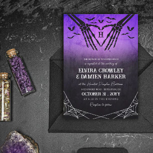Purple Bats Skeleton Heart Goth Halloween Wedding Invitation
