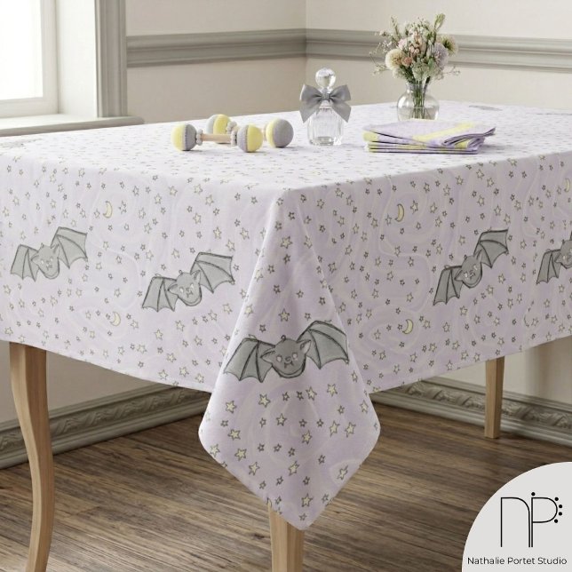 Purple Bats Spooky Cute Halloween Tablecloth (Hand drawn cute bat Halloween tablecloth with a whimsical spooky purple autumn party theme)