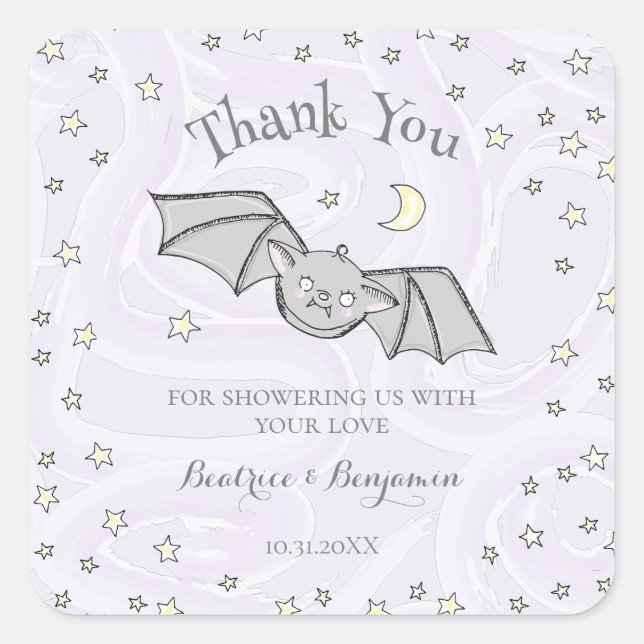 Purple Batty, Stars & Moons Spooky Cute Thank You Square Sticker (Front)