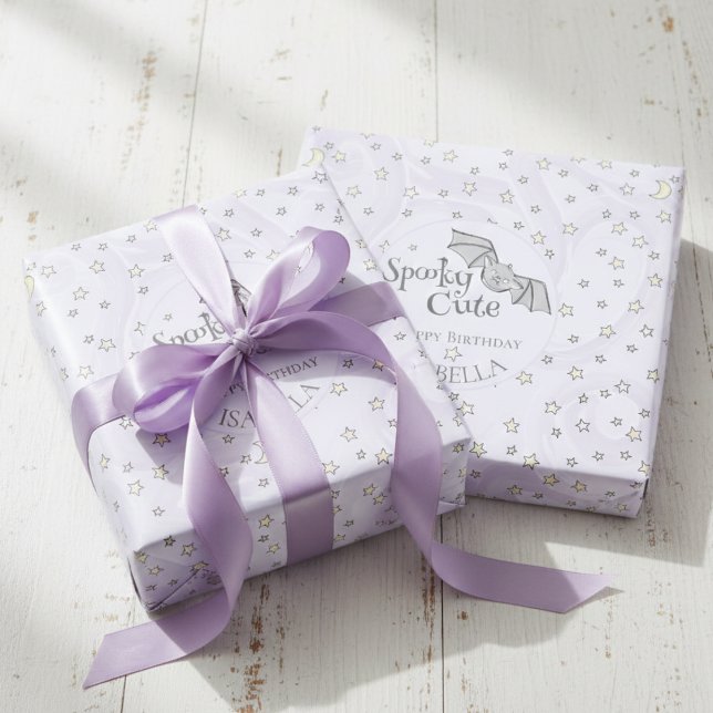 Purple Batty, Stars & Moons Spooky Cute Wrapping Paper (Purple & Black Spooky Cute Bats Wrapping Paper for Halloween Birthday Party & Kids October Birthday)