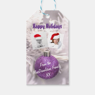 Purple bauble Xmas holidays photo template Gift Tags