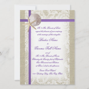 Purple Beach Burlap and Vintage Lace Wedding Invitation