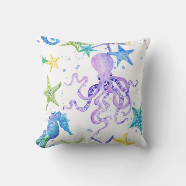 Purple Beach Coastal Octopus Seahorse Starfish Art Throw Pillow (Front)