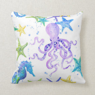 Purple Beach Coastal Octopus Seahorse Starfish Art Throw Pillow