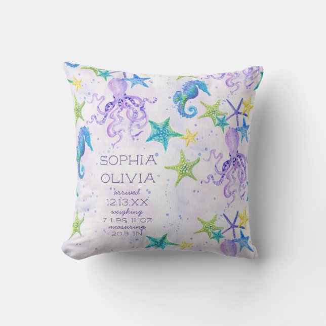 Purple Beach Octopus Seahorse Boy GirlBirth Stat Throw Pillow (Front)