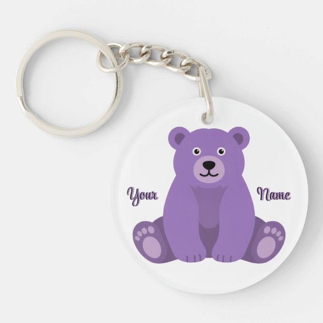 Purple Bear Cute Kawaii Custom Name  Keychain (Front)