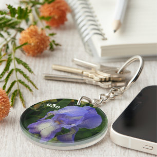 Purple Bearded Iris Floral Monogram Acrylic Keycha Keychain