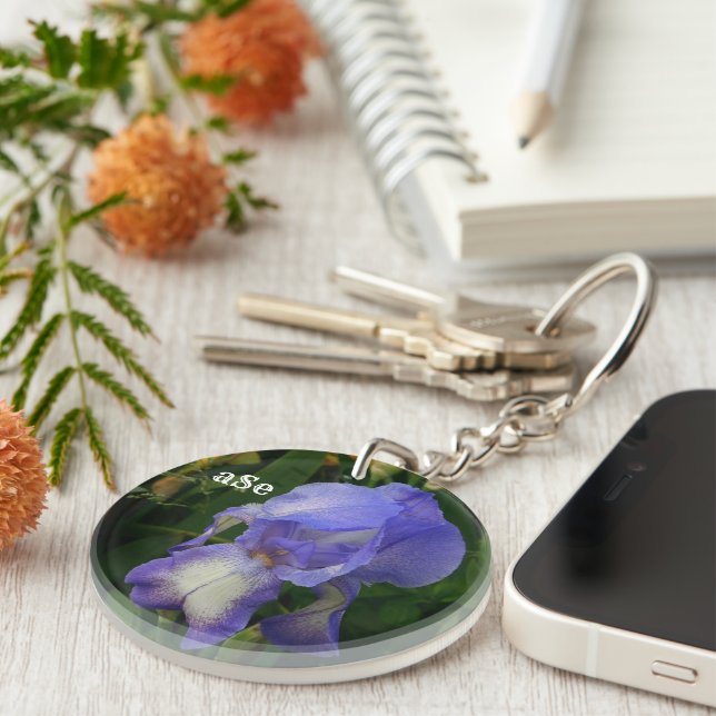 Purple Bearded Iris Floral Monogram Acrylic Keycha Keychain (Front Right)