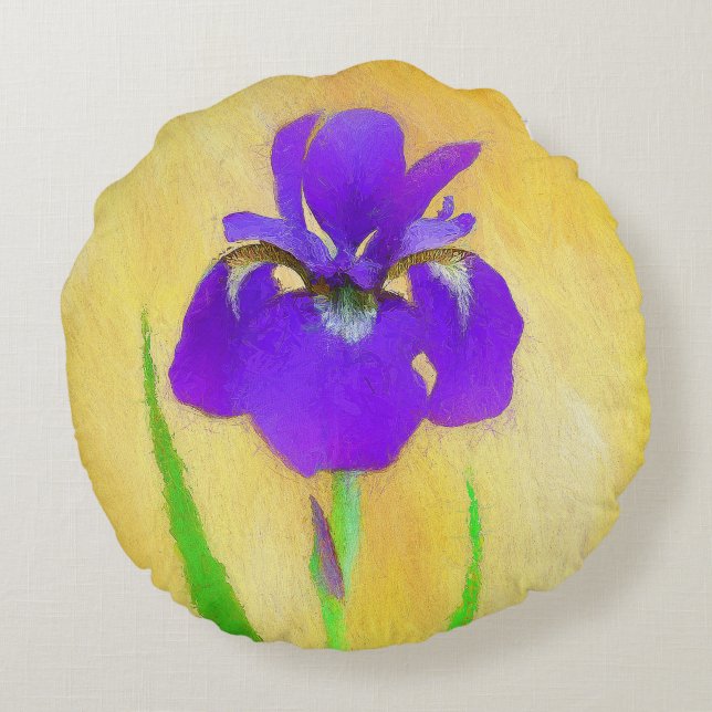 Purple Bearded Iris Painting - Cute Original Dog A Round Pillow (Back)
