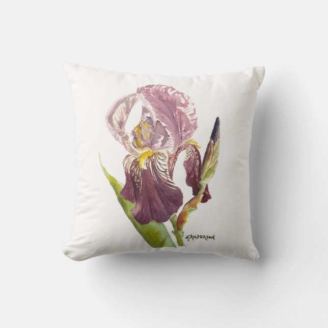Purple bearded Iris watercolor flower. Throw Pillow (Front)