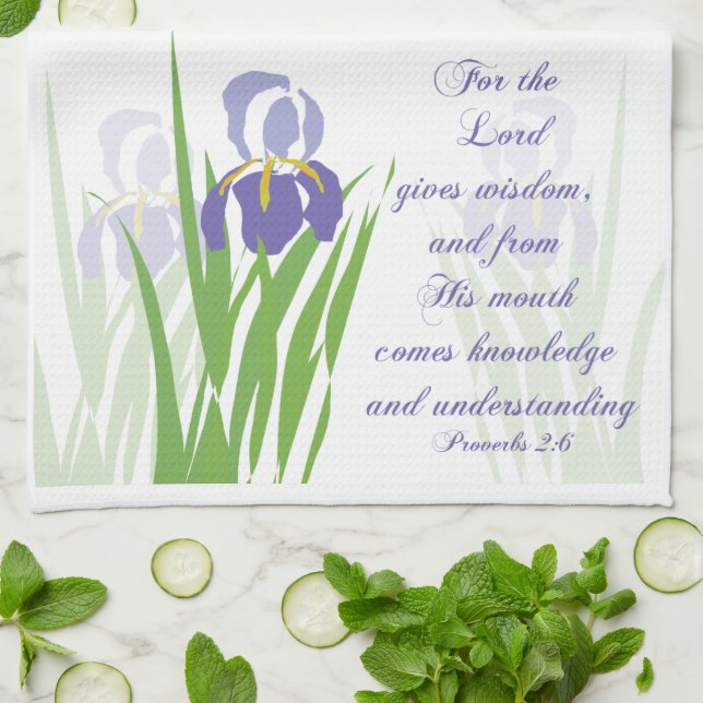 Purple Bearded Iris with Scripture verse Proverbs Kitchen Towel (Folded)
