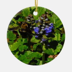 Purple Bee Balm and Bumble Bee Ceramic Ornament
