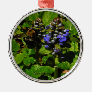 Purple Bee Balm and Bumble Bee Metal Ornament