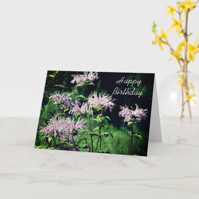 Purple Bee Balm Flower Customizable Birthday  Card (Yellow Flower)