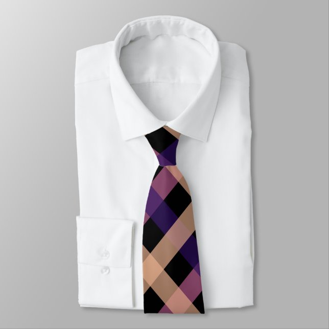 Purple, Beige, and Black Diagonal Gingham Pattern  Tie (Tied)