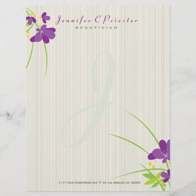 Purple Beige And Green Flower Illustration Letterhead (Front)