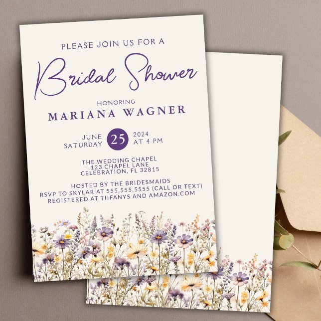 Purple Beige Wildflowers Bridal Shower Invitation (Creator Uploaded)