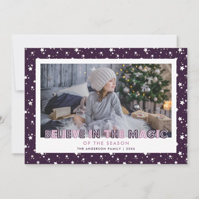 Purple Believe In the Magic Stars Photo Holiday Card (Front)