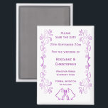 Purple Bells Scroll Design Wedding Save The Date Magnet<br><div class="desc">Wedding save the date magnet bells design. Customise this purple coloured wedding save the date magnet with your wedding details. Should you require any help with customising then contact us through the link on this page. Purple coloured bells design personalised wedding save the date magnet</div>