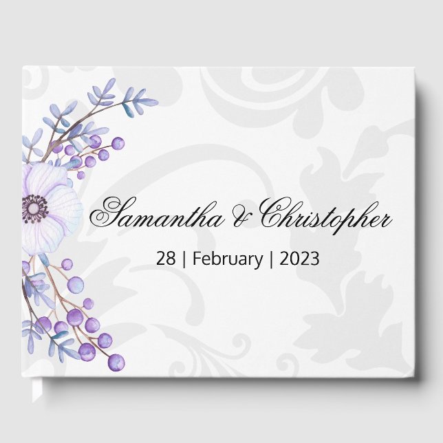 Purple Berries and Grey Damask Wedding Guest Book (Front)