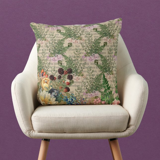 Purple Berries and Roses on Newsprint Ephemera Throw Pillow (Creator Uploaded)