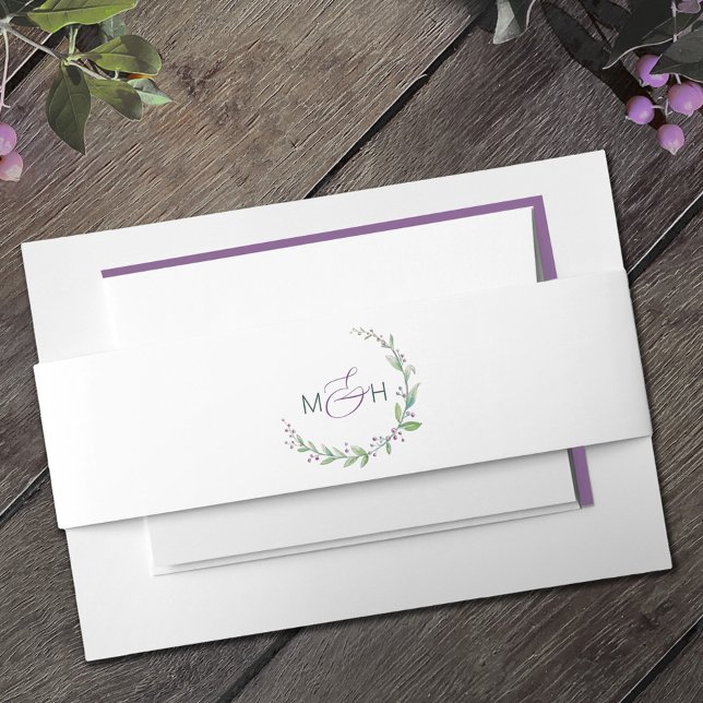 Purple berry green foliage monogram wedding invitation belly band (Creator Uploaded)