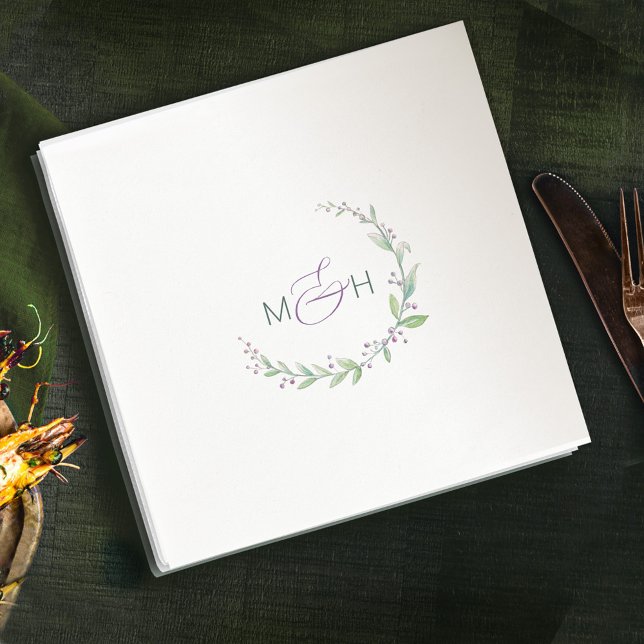 Purple berry green foliage monogram wedding napkin (Creator Uploaded)